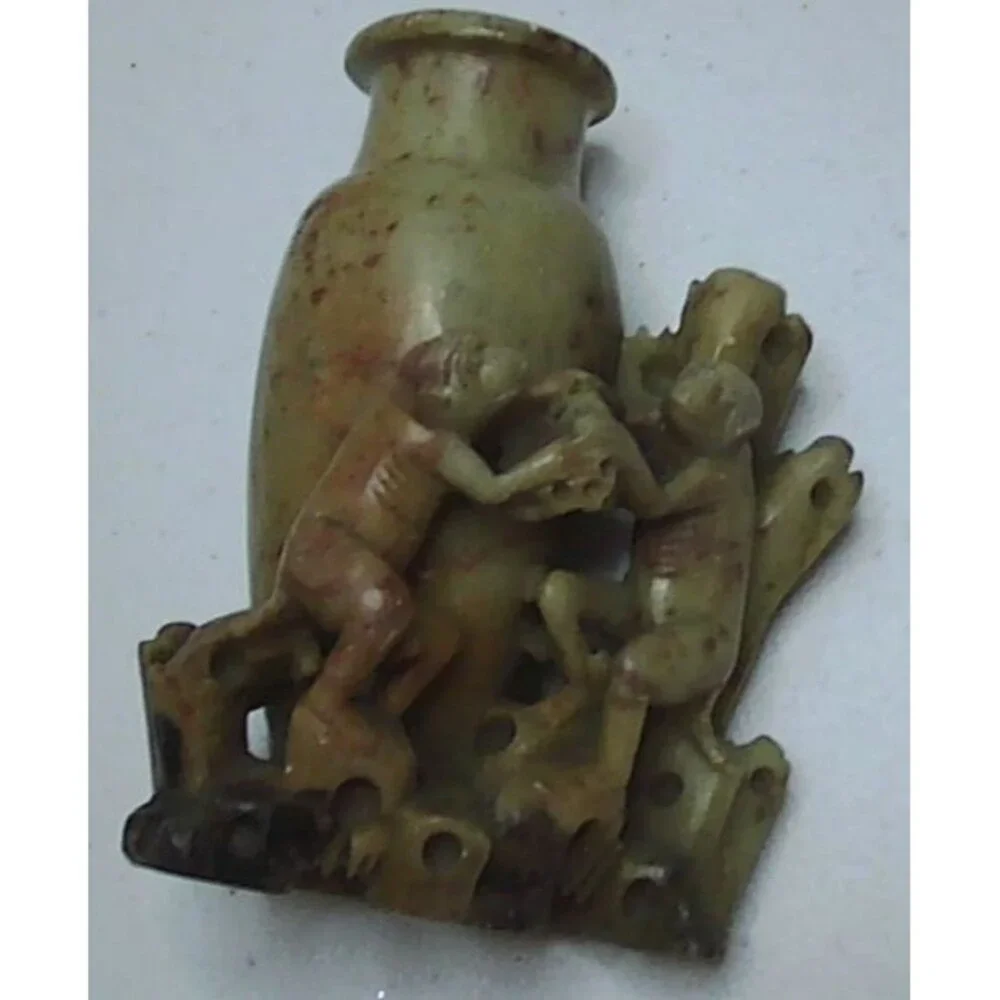Vintage Asian China Hand Carved Two Monkeys Soapstone Vase Holder  5.5